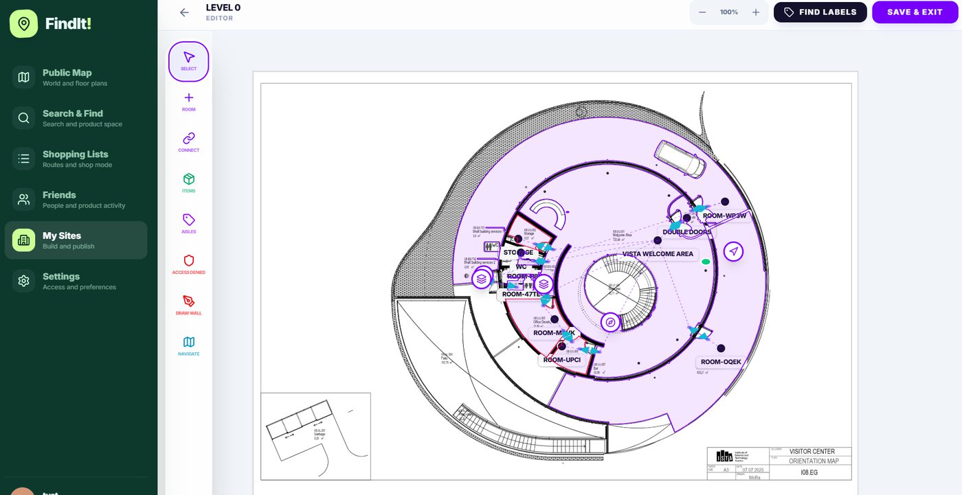 StartToFind floor-plan editor showing rooms, aisles, and doors mapped onto a real building plan