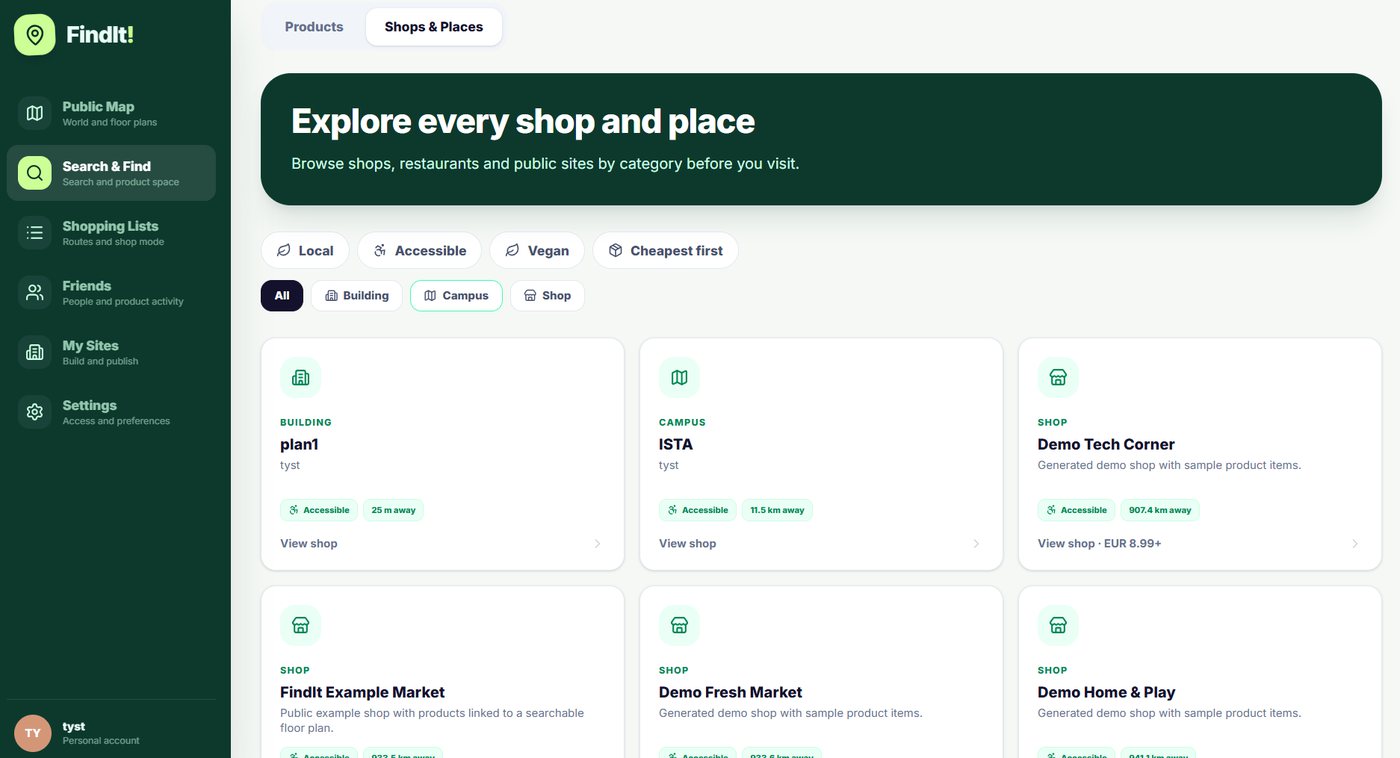 StartToFind Shops & Places grid with building, campus, and shop cards